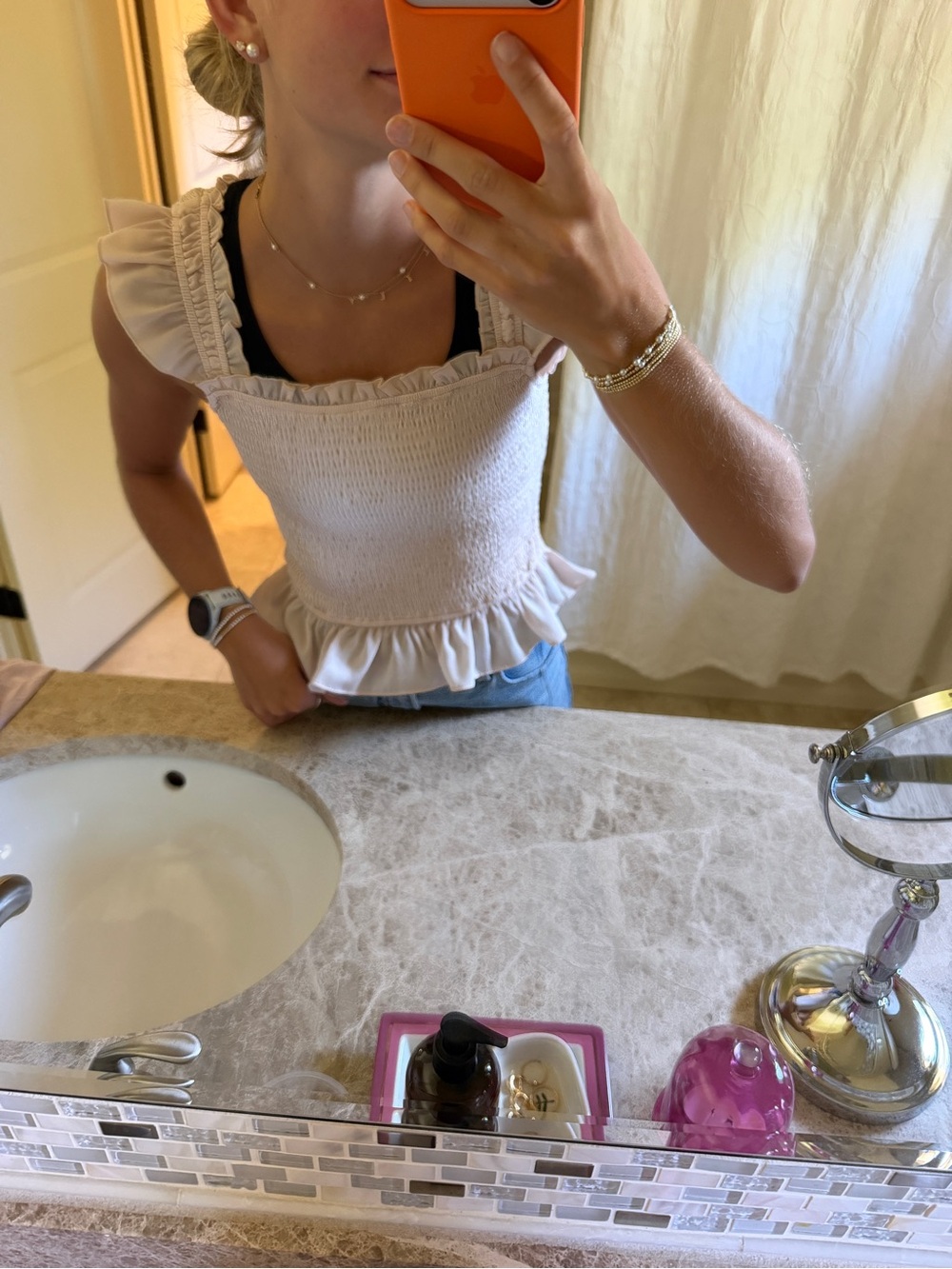 Smocked Ruffle Square-Neck Tank Top - light pink
